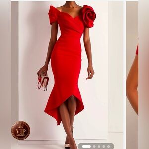 Fehaute Red Bodycon Dress with Sweetheart Neckline and Puff Sleeves